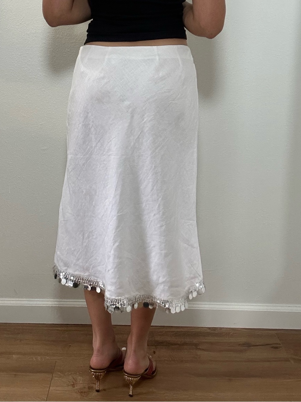 Richard Malcolm Irish Linen White Midi Skirt with Silver Sequin Trim Size 10 - Picture 7 of 14
